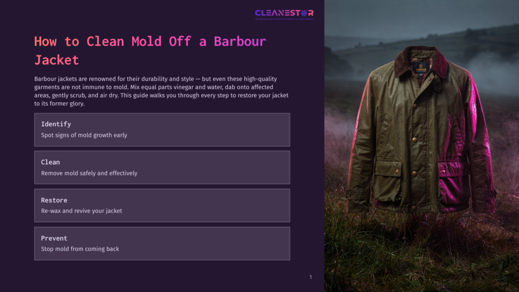 A Barbour Jacket Hangs In A Misty, Atmospheric Outdoor Setting, With Text Overlaying The Left Side Of The Image Detailing &Quot;How To Clean Mold Off A Barbour Jacket.