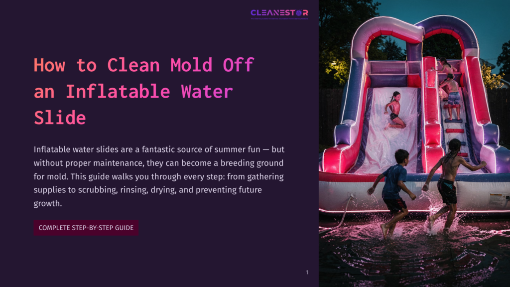 1 How To Clean Mold Off An Inflatable Water Slide Children Slide Down A Vibrant Inflatable Water Slide At Dusk, Splashing Into A Pool. Text Reads: &Quot;Cleanestor: The Smarter &Amp; Safer Way To Enjoy Water Fun.