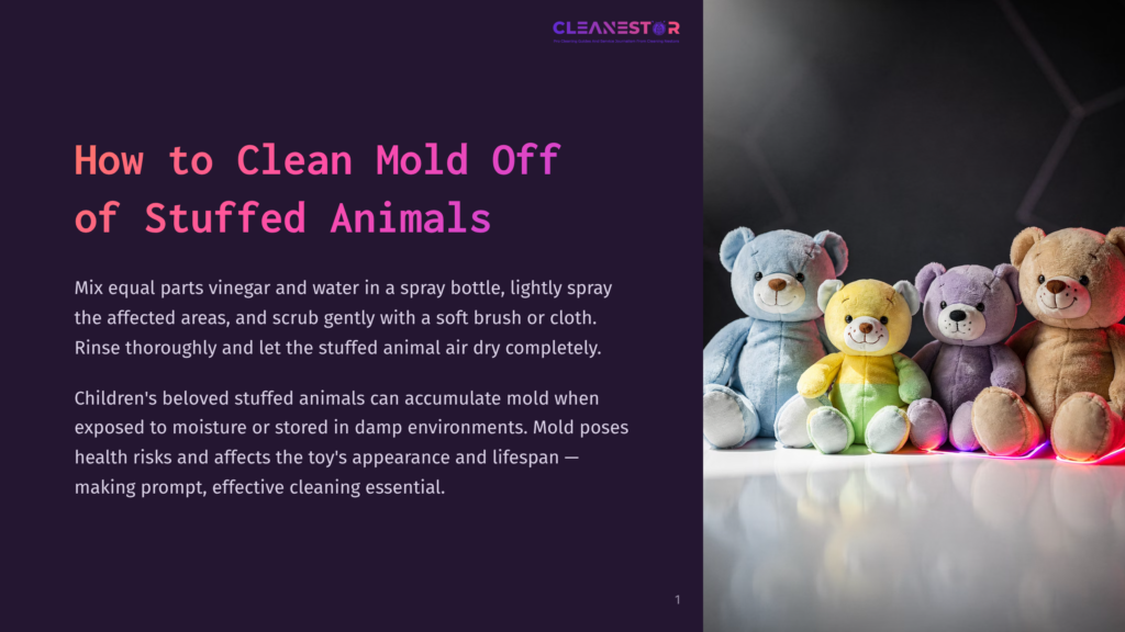 Four Teddy Bears In Different Colors Sit In A Row On A Reflective Surface, With A Dark, Moody Background. The Text &Quot;How To Clean Mold Off Stuffed Animals&Quot; Is Visible On The Left.