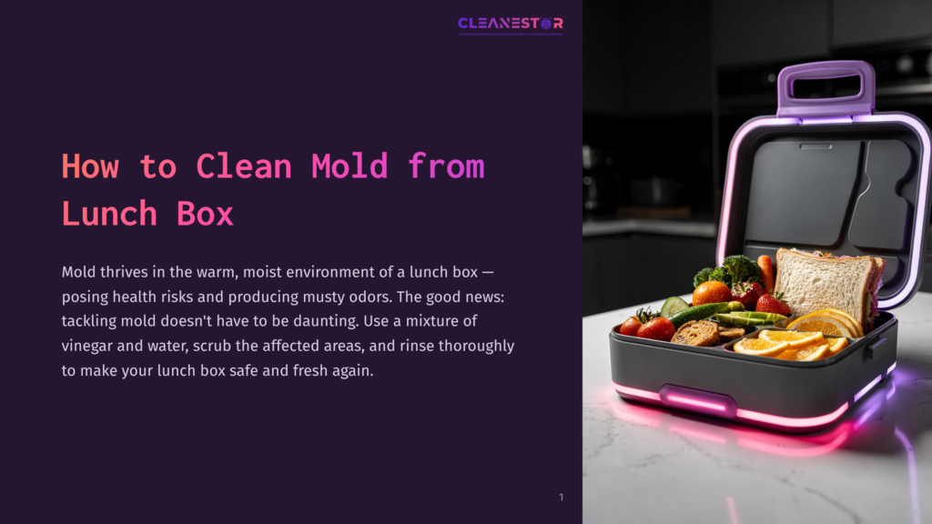 A Modern, Illuminated Lunch Box Filled With Healthy Food, With The Text &Quot;How To Clean Mold From Lunch Box&Quot; On The Left.