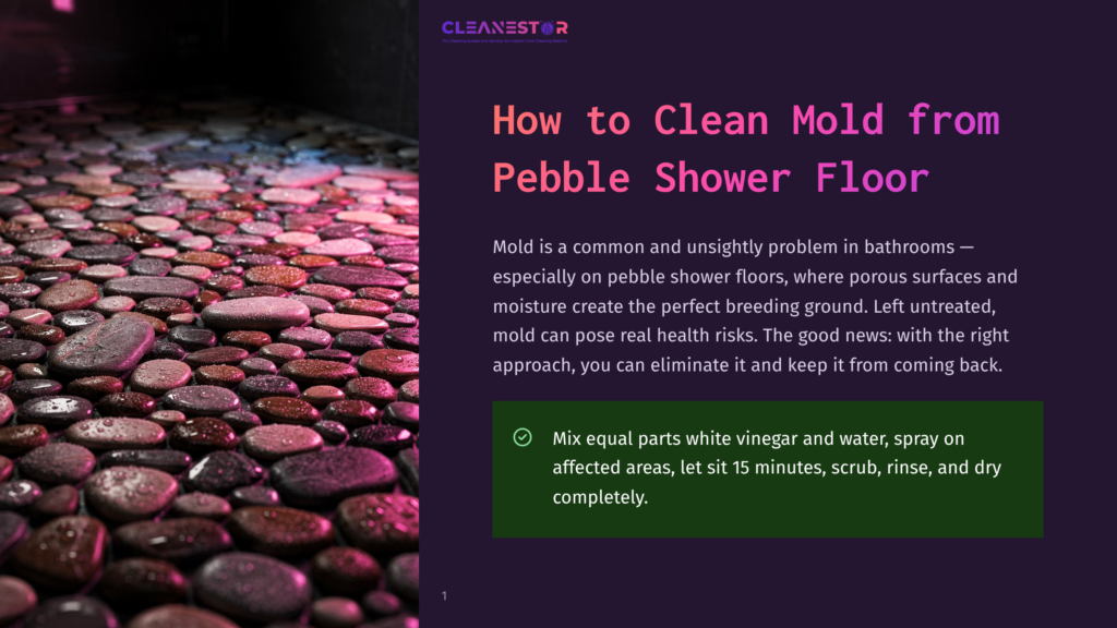 Close-Up Of A Pebble Shower Floor With Water Droplets On The Stones, Displaying A Mix Of Brown, Grey, And Red Hues. The Text &Quot;Cleanestor&Quot; Is Visible In The Top Left Corner.