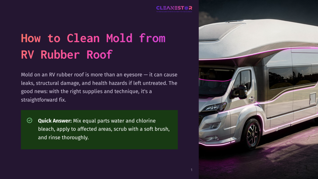 Modern Rv With Pink Led Accent Lighting, Showcasing A Clean Exterior. Text Overlay: &Quot;Cleanestor&Quot; And &Quot;How To Clean Mold From Rv Rubber Roof.