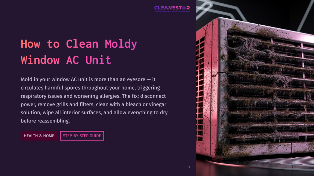 Close-Up Of A Moldy, Dirty Window Air Conditioner Unit With Thick Green And Brown Mold Covering The Exterior Fins And Grills. The Image Highlights The Severe State Of Neglect And The Need For Cleaning.