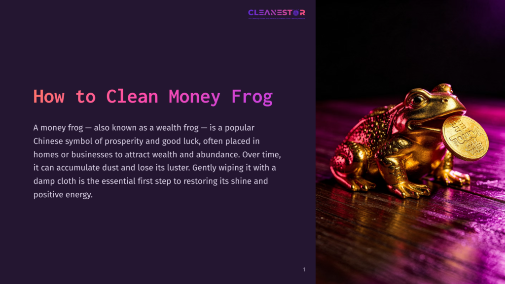 1 How To Clean Money Frog A Gleaming Golden Chinese Money Frog, A Symbol Of Prosperity, Sits On A Dark Wooden Surface, Clutching A Coin In Its Mouth. The Frog Is Illuminated By Vibrant Pink And Purple Light, Creating A Magical And Auspicious Atmosphere.
