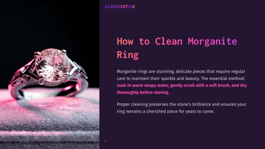 Close-Up Of A Stunning Morganite Ring With A Large, Pink Gemstone Set In A Silver Band, Resting On A Grey Velvet Ring Box. Text Overlay Reads &Quot;How To Clean Morganite Ring&Quot;.