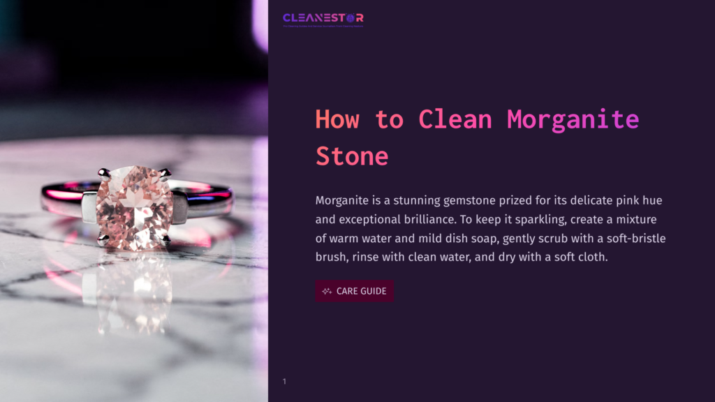 A Stunning Oval-Cut Pink Morganite Gemstone Engagement Ring Rests On A Marble Surface, With A &Quot;How To Clean Morganite Stone&Quot; Guide Visible In The Background.