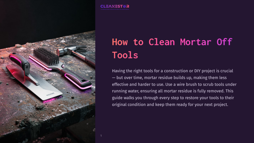 Tools For Cleaning Mortar Off Tools: A Trowel, Hammer, And Wire Brush, Illuminated By Pink And Purple Light On A Rusty Workbench.