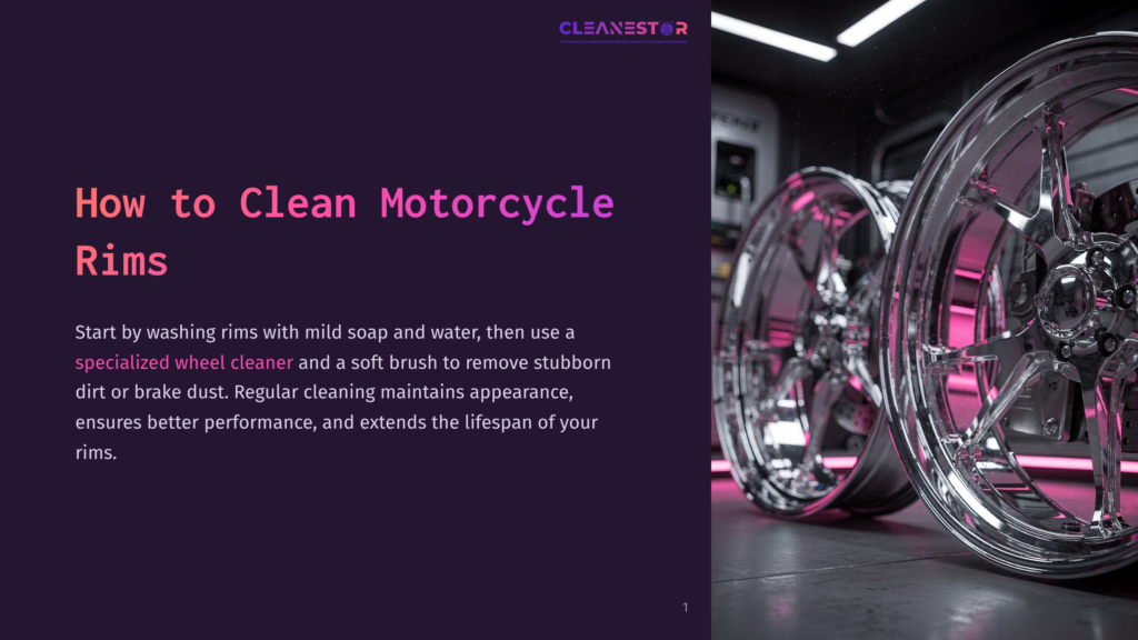 1 How To Clean Motorcycle Rims Close-Up Of Two Shiny, Chrome Motorcycle Rims With Intricate Spoke Designs, Illuminated By Pink And Purple Neon Lights In A Dimly Lit Garage. The Text &Quot;How To Clean Motorcycle Rims&Quot; Is Visible On The Left.