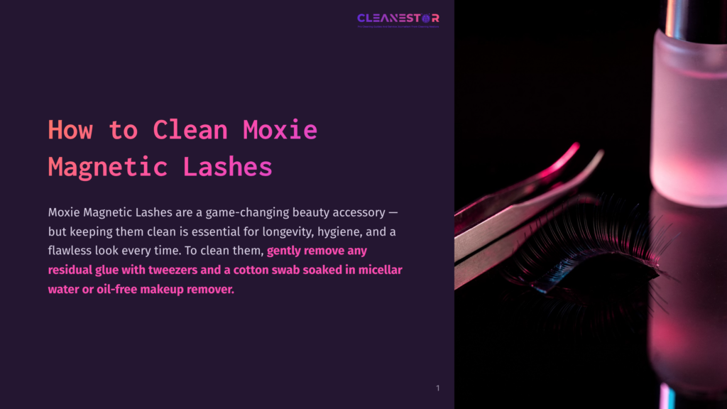Close-Up Of Magnetic Eyelashes Being Held By Tweezers Over A Reflective Black Surface, With A Pink-Hued Bottle And Soft Lighting In The Background. &Quot;How To Clean Moxie Magnetic Lashes&Quot; Title Is Visible.