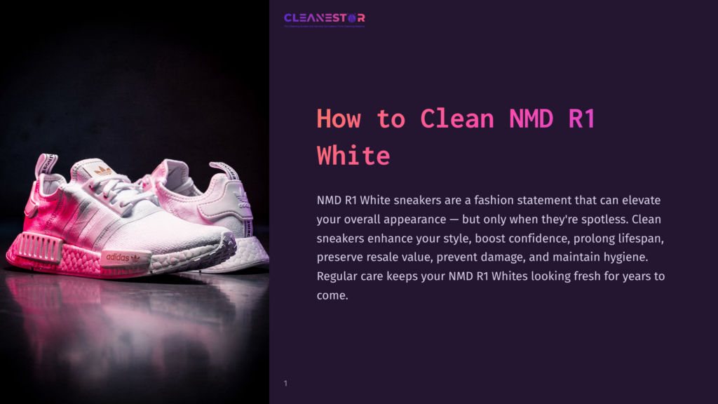 1 How To Clean Nmd R1 White Close-Up Of Pristine White Adidas Nmd R1 Sneakers, One With Pink Accents, Resting On A Dark Surface Under Vibrant Purple And Pink Studio Lighting, With &Quot;Cleanestor&Quot; Logo Visible.