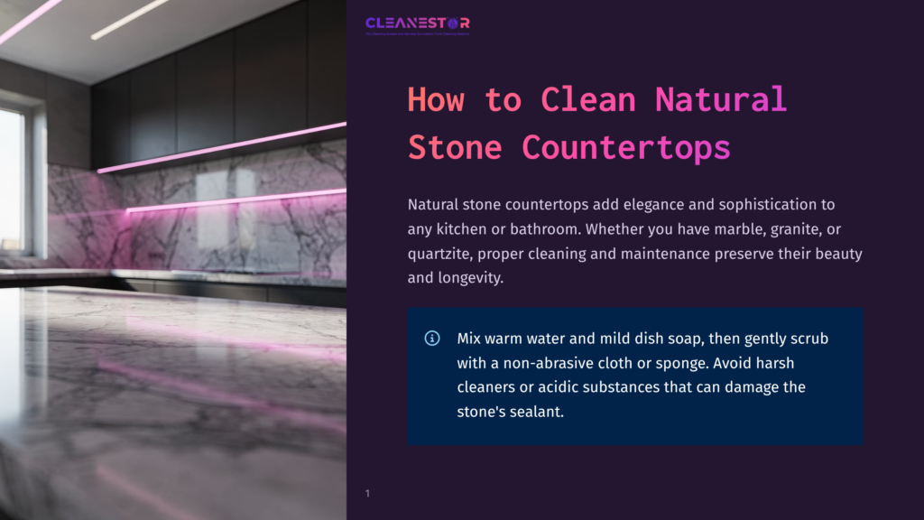 1 How To Clean Natural Stone Countertops Cleanestor Logo Above Text About Cleaning Natural Stone Countertops, With A Modern Kitchen Featuring Marble Countertops And Pink Led Lighting In The Background.