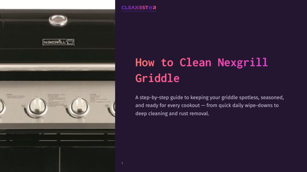 Close-Up Of A Black Nexgrill Griddle With Stainless Steel Knobs, Featuring The Nexgrill Logo And The Text &Quot;How To Clean Nexgrill Griddle&Quot; On A Dark Purple Background.