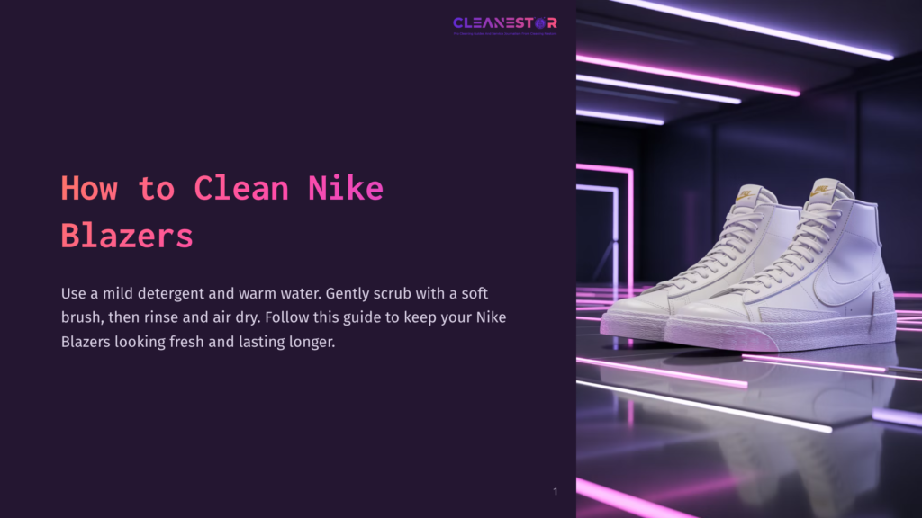 1 How To Clean Nike Blazers A Pair Of Pristine White Nike Blazers High-Top Sneakers Sit On A Reflective Surface, Illuminated By Vibrant Pink And Purple Neon Lights In A Modern, Dimly Lit Studio. The Text &Quot;How To Clean Nike Blazers&Quot; Is Visible On The Left.