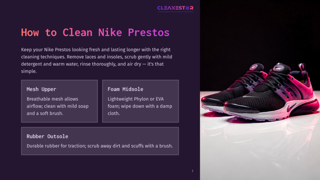 1 How To Clean Nike Prestos Black Nike Presto Sneakers With Purple Accents Sit On A Reflective Surface, With A Dark Background. The Image Is Part Of A &Quot;How To Clean Nike Prestos&Quot; Guide.