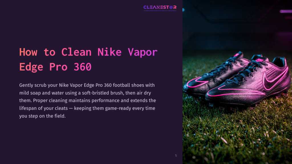 1 How To Clean Nike Vapor Edge Pro 360 Close-Up Of Black Nike Vapor Edge Pro 360 Football Cleats With Pink Accents, Resting On Lush Green Grass Under Dramatic Lighting. The Title &Quot;How To Clean Nike Vapor Edge Pro 360&Quot; Is Visible On The Left.