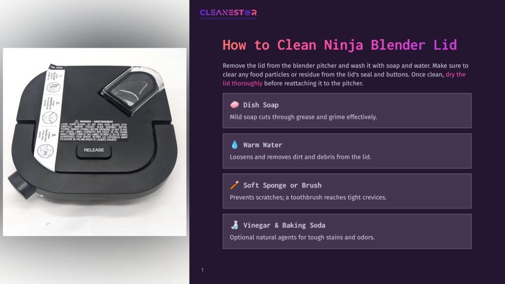 Close-Up Of A Black Ninja Blender Lid With A Clear Plastic Measuring Cup Insert, Showing Instructions For Cleaning With Soap, Warm Water, And A Soft Brush.
