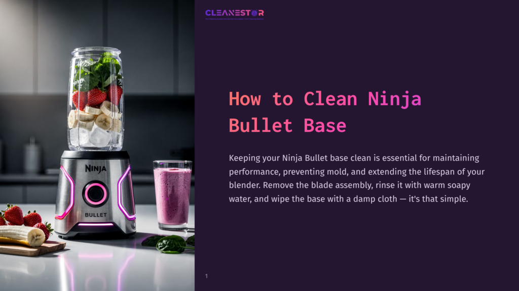 1 How To Clean Ninja Bullet Base Close-Up Of A Sleek Silver Ninja Bullet Blender Base With A Glowing Pink Light Ring, Next To A Blender Cup Filled With Strawberries And Banana Slices. The Blender Is On A Kitchen Counter, With Text Overlay &Quot;How To Clean Ninja Bullet Base.