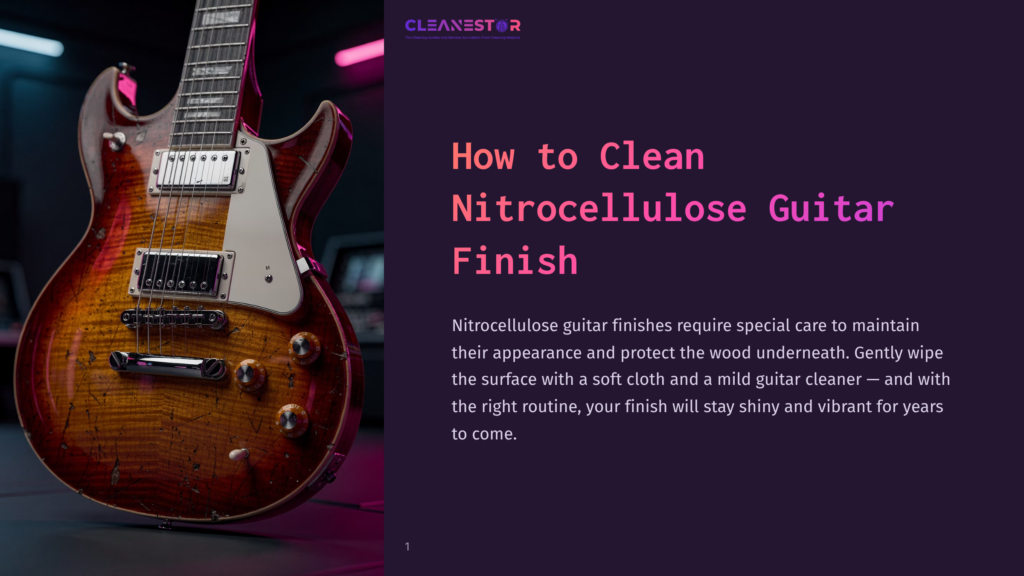Close-Up Of A Vintage Sunburst Nitrocellulose Guitar, Showcasing Its Glossy Finish, Ornate Hardware, And Detailed Wood Grain. The Text &Quot;Cleanestor How To Clean Nitrocellulose Guitar Finish&Quot; Is Visible.