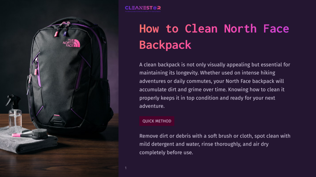A Black And Purple North Face Backpack Sits On A Dark Wooden Surface Next To A Cleaning Spray Bottle, A Brush, And A Gray Towel. Text Overlay Reads &Quot;How To Clean North Face Backpack.