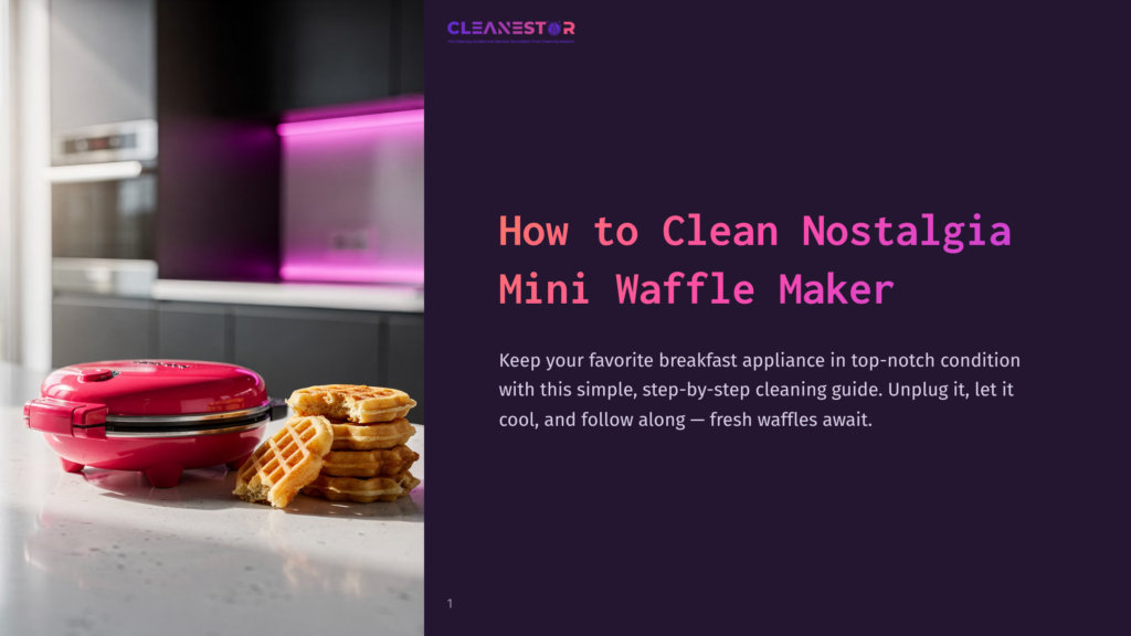 A Bright Pink Nostalgia Mini Waffle Maker Sits On A Countertop Next To A Stack Of Golden-Brown Waffles. Text On The Right Reads &Quot;How To Clean Nostalgia Mini Waffle Maker.