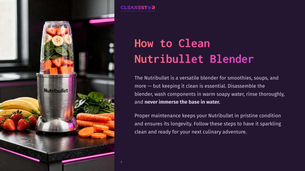 A Close-Up Of A Stainless Steel Nutribullet Blender Filled With Colorful Fruits Like Strawberries, Carrots, And Bananas, Sitting On A Kitchen Counter. A Sign In The Background Reads &Quot;How To Clean Nutribullet Blender&Quot;.