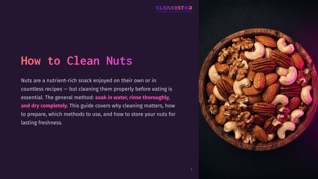 A Rustic Wooden Bowl Overflows With A Colorful Mix Of Raw, Unshelled Nuts Including Almonds, Walnuts, And Cashews, Set Against A Dark, Textured Background. The Text &Quot;How To Clean Nuts&Quot; Is Visible On The Left.