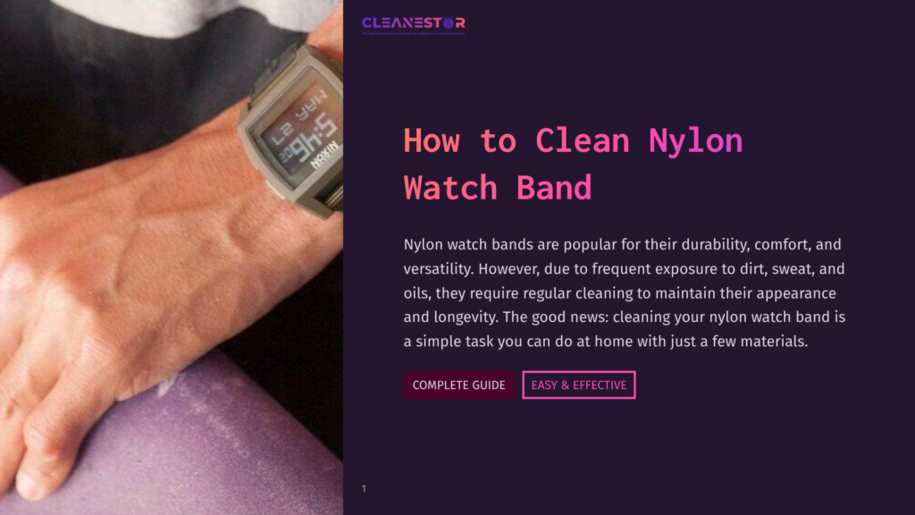 Close-Up Of A Person'S Wrist Wearing A Digital Watch With A Nylon Watch Band, Displaying The Time 5:45. The Text &Quot;Cleanestor&Quot; And &Quot;How To Clean Nylon Watch Band&Quot; Are Visible On The Right.
