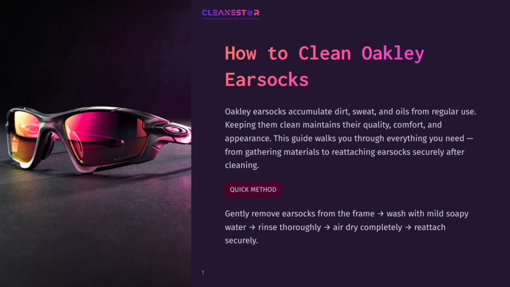 Close-Up Of Oakley Sunglasses With Red And Black Frames And Tinted Lenses Resting On A Dark, Textured Surface. The Image Highlights The Sunglasses' Design And The Text &Quot;Cleanestor&Quot; And &Quot;How To Clean Oakley Earsocks&Quot; Is Visible.