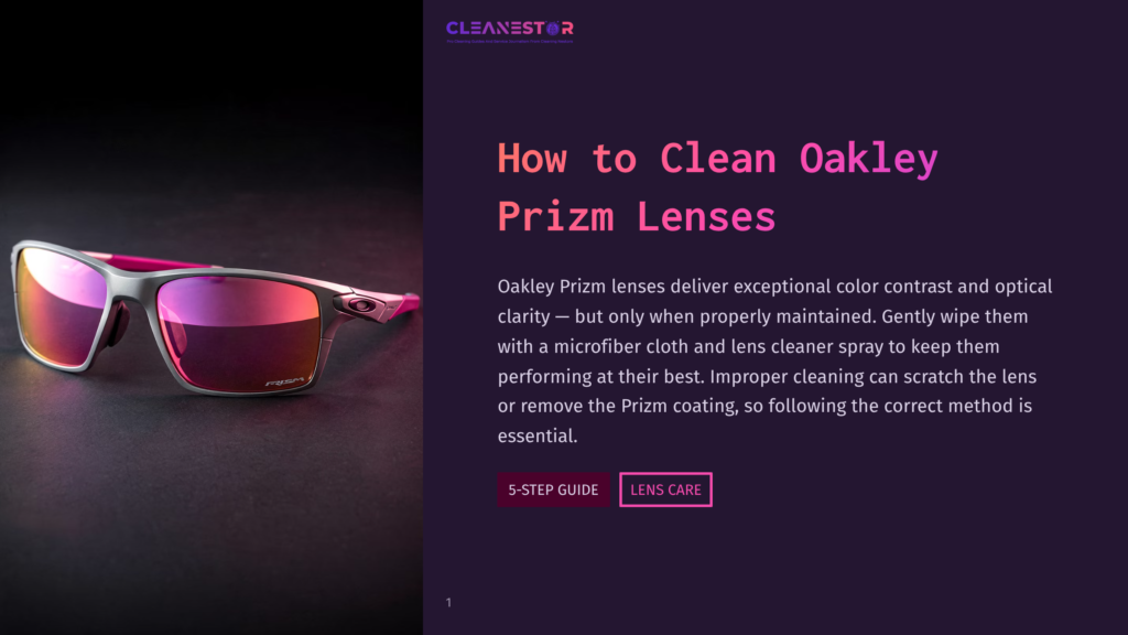 A Pair Of Pink And Silver Oakley Sunglasses With Prizm Lenses Rests On A Dark Surface. Text Overlay Reads &Quot;Cleanestor&Quot; And &Quot;How To Clean Oakley Prizm Lenses&Quot;.
