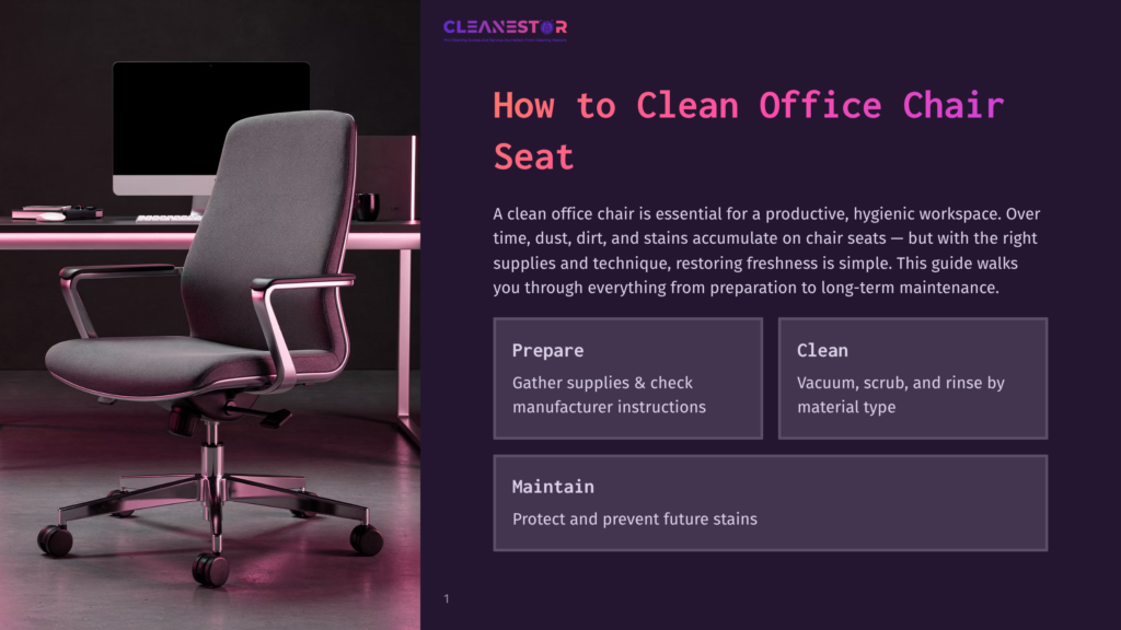 A Dark Gray Office Chair With Chrome Accents Sits In Front Of A Desk With A Computer Monitor. The Text &Quot;How To Clean Office Chair Seat&Quot; Is Prominently Displayed.