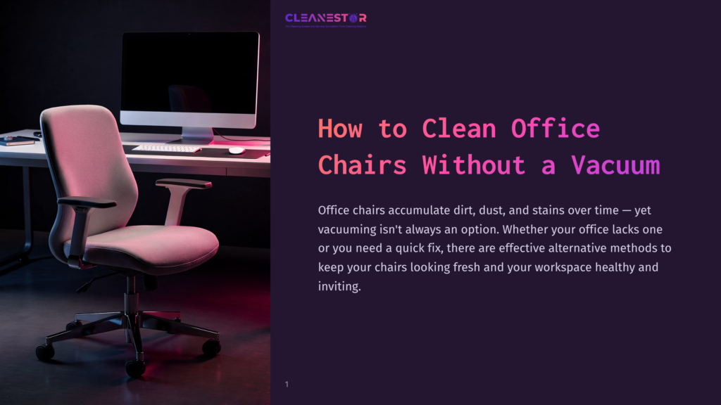 An Ergonomic Office Chair In A Light Gray Fabric Sits In Front Of A Desk With A Computer And A Dark Background, Featuring The Text &Quot;Cleanestor How To Clean Office Chairs Without A Vacuum&Quot;.