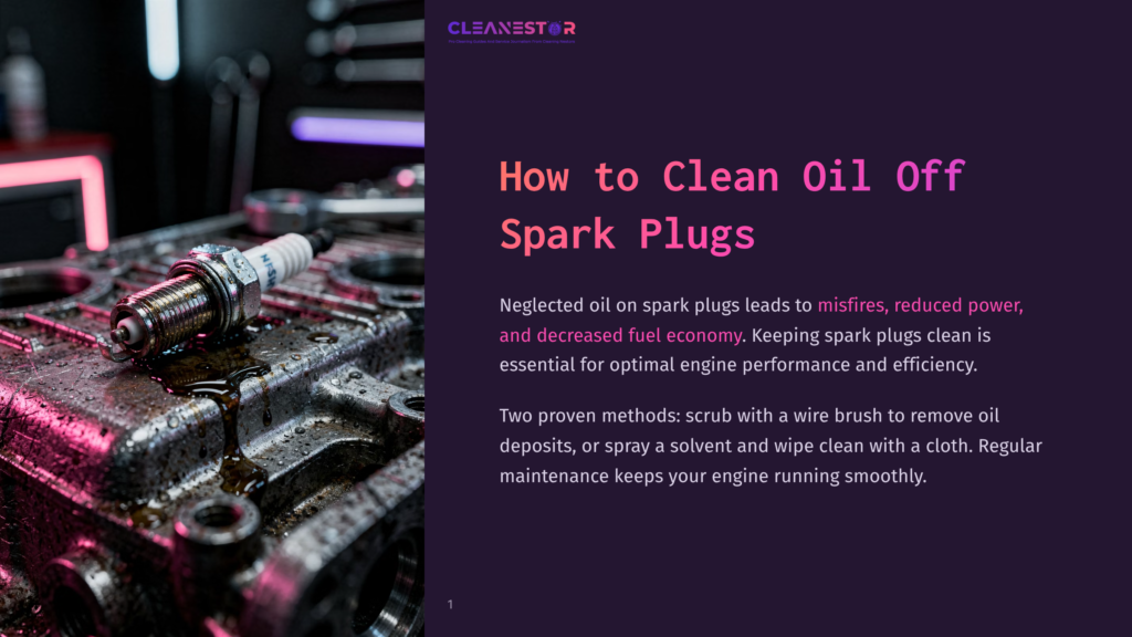 Close-Up Of A Dirty, Oily Spark Plug Resting On A Greasy Engine Block, With Neon Pink And Purple Lights Reflecting On The Metal. The Text &Quot;Cleanestor&Quot; Is Visible.