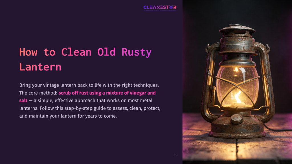 1 How To Clean Old Rusty Lantern A Vintage, Rusty Oil Lantern With A Glowing Wick Sits On A Wooden Surface, With The Title &Quot;How To Clean Old Rusty Lantern&Quot; Overlaid On A Purple Background.