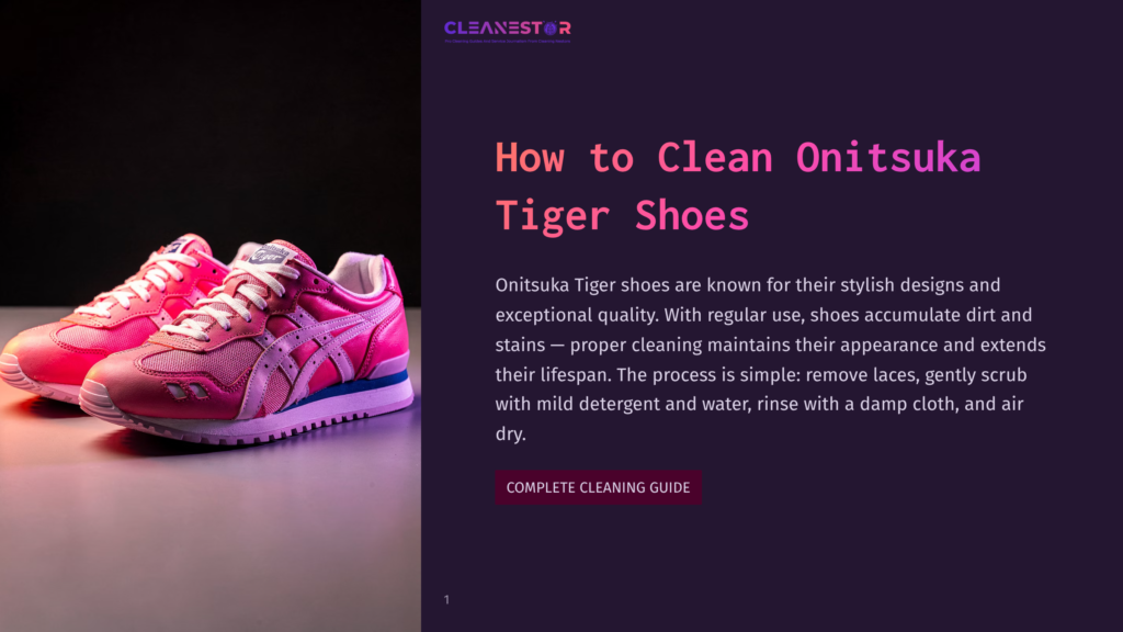 A Pair Of Bright Pink Onitsuka Tiger Sneakers With White Accents, Displayed Prominently Against A Dark, Gradient Background. The Text &Quot;How To Clean Onitsuka Tiger Shoes&Quot; And &Quot;Complete Cleaning Guide&Quot; Is Visible.
