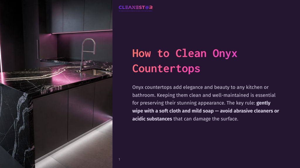 A Modern Kitchen With Sleek Black Cabinets And A Dramatic Black Onyx Countertop With White Veining, Illuminated By Pink Led Under-Cabinet Lighting. The Text &Quot;How To Clean Onyx Countertops&Quot; Is Prominently Displayed.