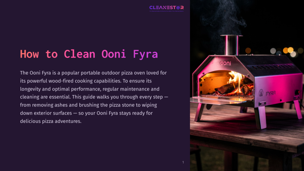A Red Ooni Fyra Pizza Oven With A Fire Burning Inside Sits On A Wooden Table Outdoors At Night, With Smoke Rising From The Chimney. The Text &Quot;How To Clean Ooni Fyra&Quot; Is On The Left Side Of The Image.