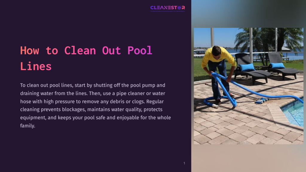 A Man In A Yellow Shirt Uses A Blue Hose To Clean Pool Lines Near A Tiled Patio And Lounge Chairs, With A Lake In The Background.