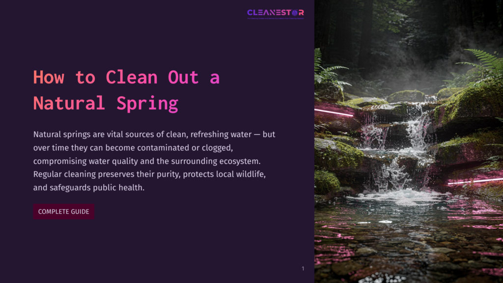 A Natural Spring Waterfall Cascades Over Mossy Rocks, Illuminated By Vibrant Pink Neon Lights, With Lush Green Foliage In The Background. The Text &Quot;Cleanestor&Quot; And &Quot;How To Clean Out A Natural Spring&Quot; Is Visible.