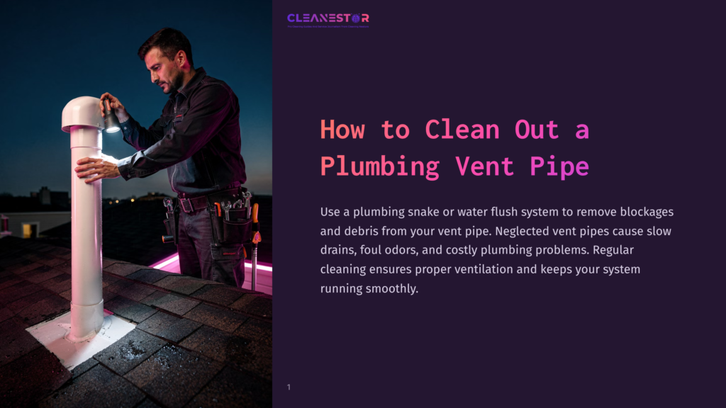 1 How To Clean Out A Plumbing Vent Pipe A Plumber Inspects A White Plumbing Vent Pipe On A Shingled Roof At Dusk, Holding A Flashlight. The Text &Quot;Cleanestor&Quot; Is Visible.