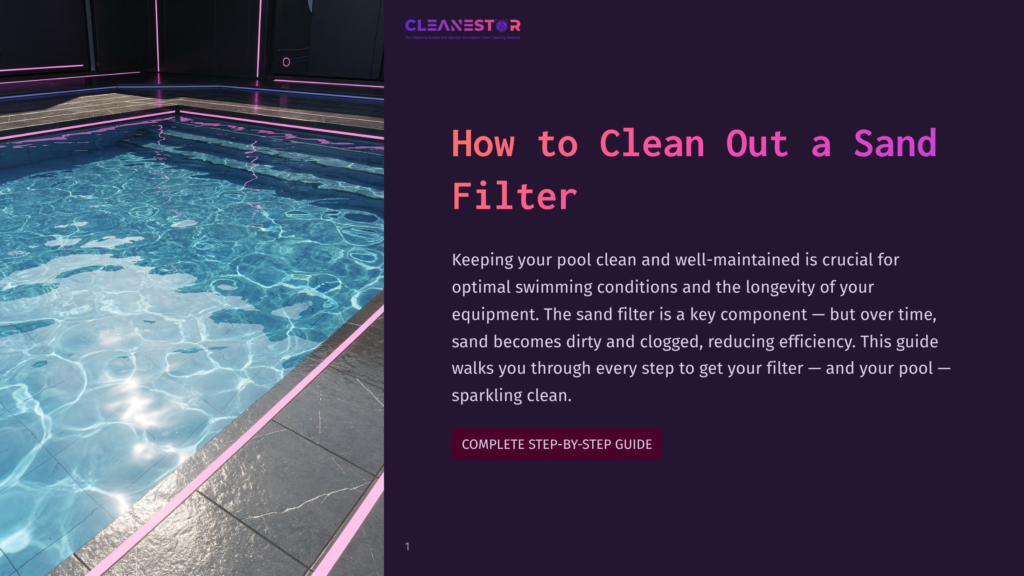 A Crystal Clear Swimming Pool With Vibrant Pink And Blue Underwater Lights, Reflecting The Night Sky. The Text &Quot;How To Clean Out A Sand Filter&Quot; And &Quot;Complete Step-By-Step Guide&Quot; Is Overlaid On The Right Side Of The Image.