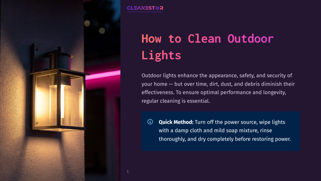 Outdoor Wall Lantern With A Glowing Bulb, Mounted On A Textured Wall At Night. The Text &Quot;How To Clean Outdoor Lights&Quot; Is Visible.