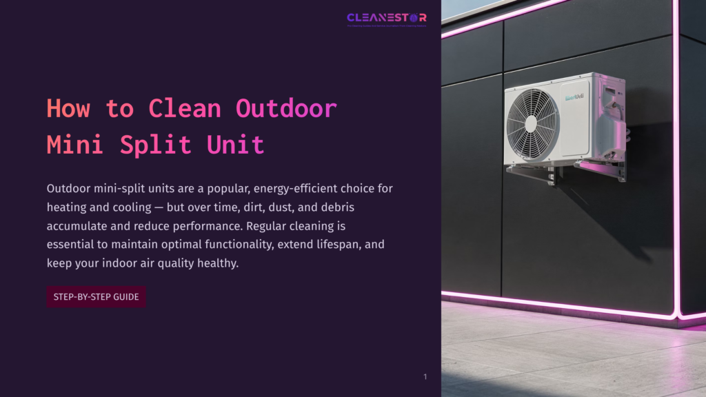 1 How To Clean Outdoor Mini Split Unit A White Outdoor Mini-Split Unit Is Mounted On A Dark Gray Building Wall, Illuminated By Pink Neon Lights. The Text &Quot;How To Clean Outdoor Mini Split Unit&Quot; Is Prominent On The Left Side Of The Image.