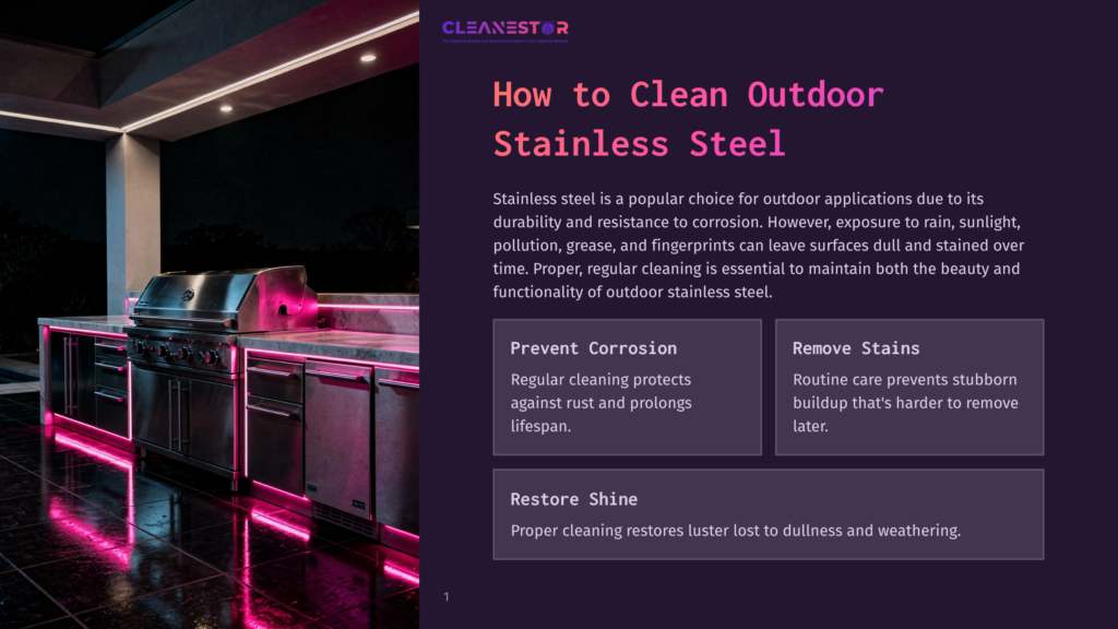 Cleanestor Logo Above A Sleek Outdoor Stainless Steel Grill Station With Pink Led Lighting, Highlighting Its Durability And Resistance To Corrosion.