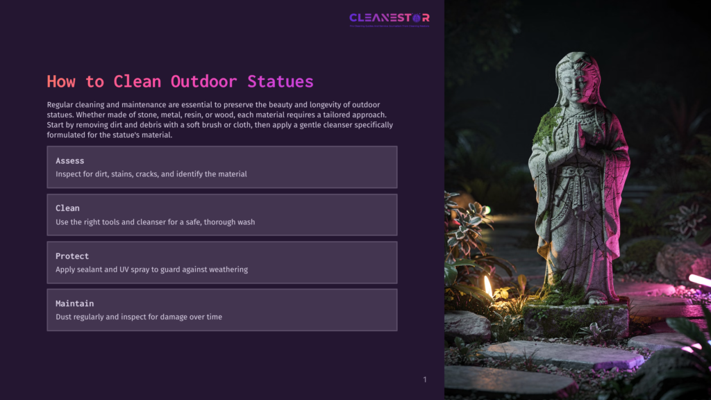 A Serene Outdoor Statue Of A Meditating Figure, Covered In Moss And Surrounded By Lush Greenery And Subtle Lighting, With The Text &Quot;Cleanestor&Quot; And Instructions On How To Clean Outdoor Statues Visible.