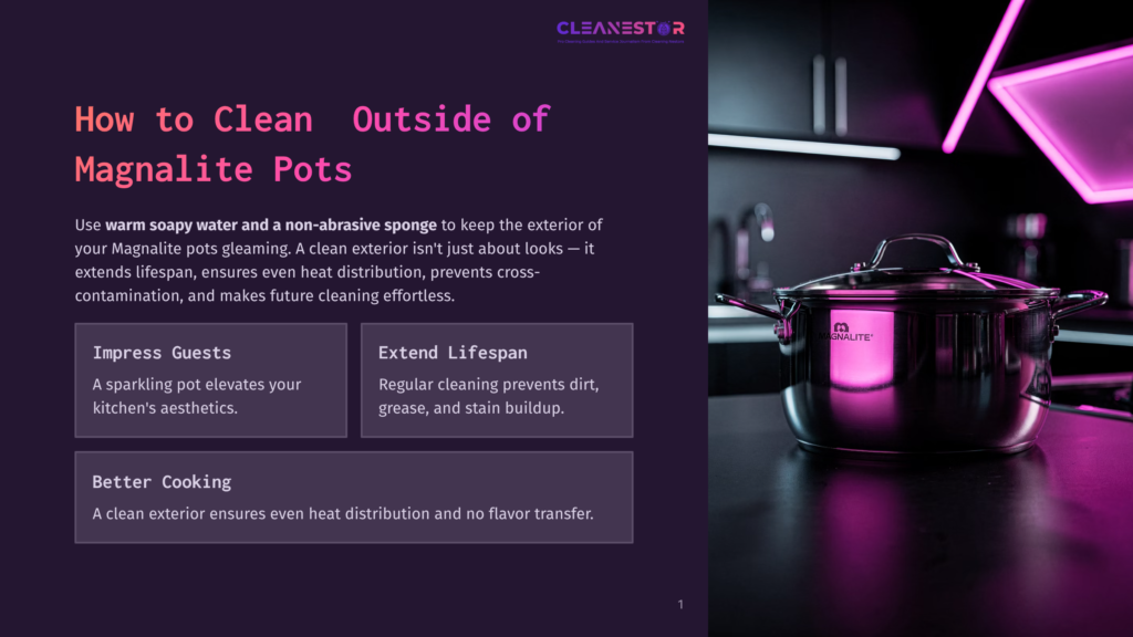 A Shiny Magnolite Pot Sits On A Dark Countertop, Illuminated By Vibrant Pink Neon Lights, With A Kitchen Setting In The Background. Text Overlay Reads &Quot;Cleanestor&Quot; And &Quot;How To Clean Outside Of Magnolite Pots&Quot;.