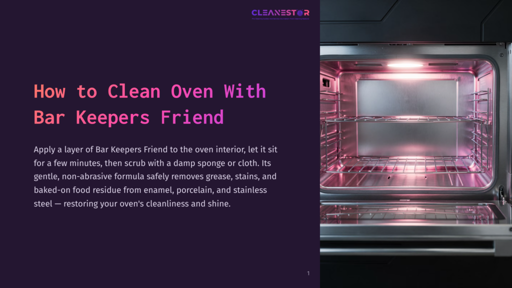 An Open, Empty Oven Interior With Glowing Pink Light, Featuring Two Wire Racks And A Clean Stainless Steel Finish. Text Overlay Reads &Quot;How To Clean Oven With Bar Keepers Friend&Quot;.