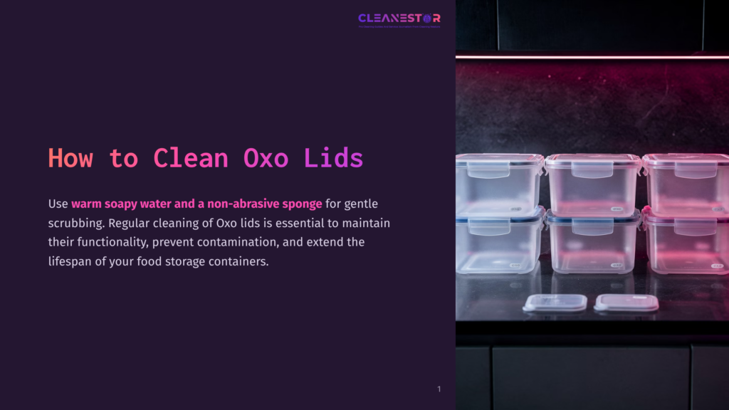 A Stack Of Clear Oxo Food Storage Containers With Blue Lids Sits On A Dark Countertop, Lit By Purple And Pink Ambient Lighting, With The Text &Quot;How To Clean Oxo Lids&Quot; Prominently Displayed On The Left.