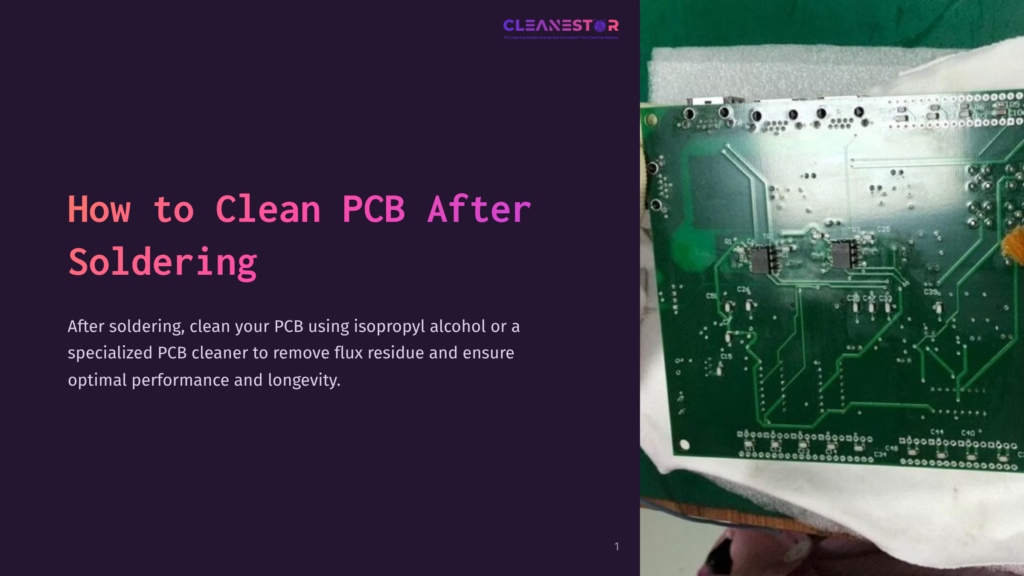 Close-Up Of A Green Printed Circuit Board (Pcb) With Many Electronic Components After Soldering, With Text Overlay &Quot;How To Clean Pcb After Soldering&Quot; And &Quot;Cleanestor&Quot;.