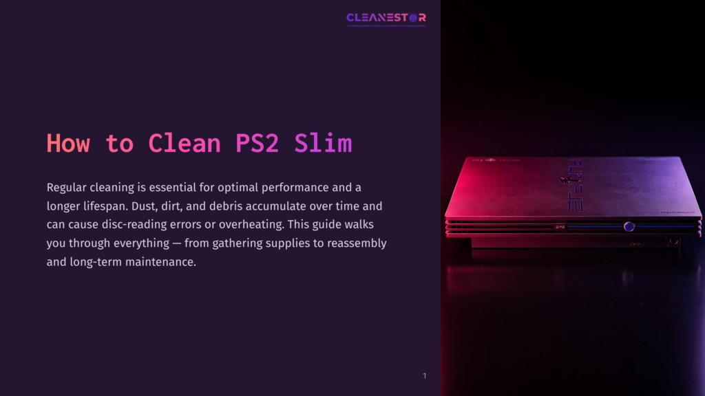A Silver Playstation 2 Slim Console Sits On A Dark, Reflective Surface, Illuminated By Vibrant Pink And Blue Neon Lights, With The Title &Quot;How To Clean Ps2 Slim&Quot; And &Quot;Cleanestar&Quot; Logo Visible On The Left.