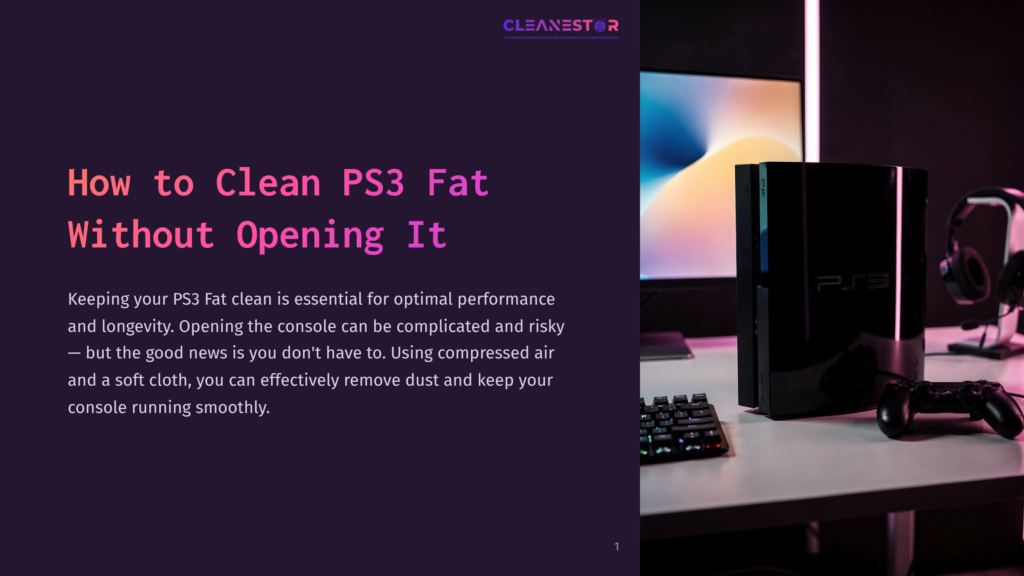 A Black Sony Playstation 3 Fat Console Sits On A Desk Next To A Controller And Keyboard, With A Monitor In The Background. The Text &Quot;How To Clean Ps3 Fat Without Opening It&Quot; Is Overlaid On The Left Side Of The Image.
